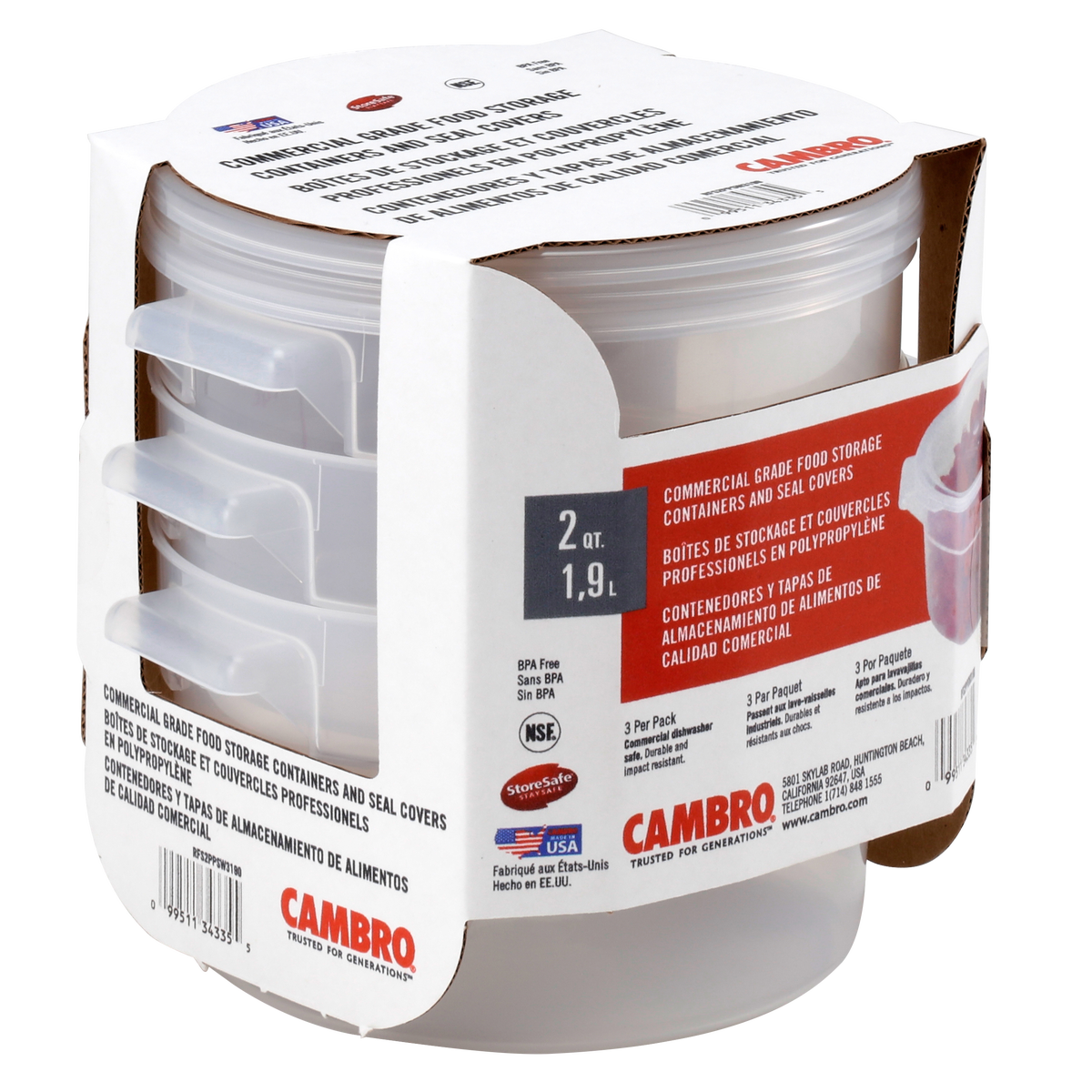 Cambro Round 2 Quart Food Storage Container with Lid, 3 ct