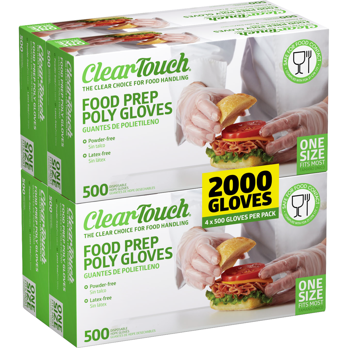 Clear-Touch Food Prep Poly Gloves, One Size, Clear, 2000 ct