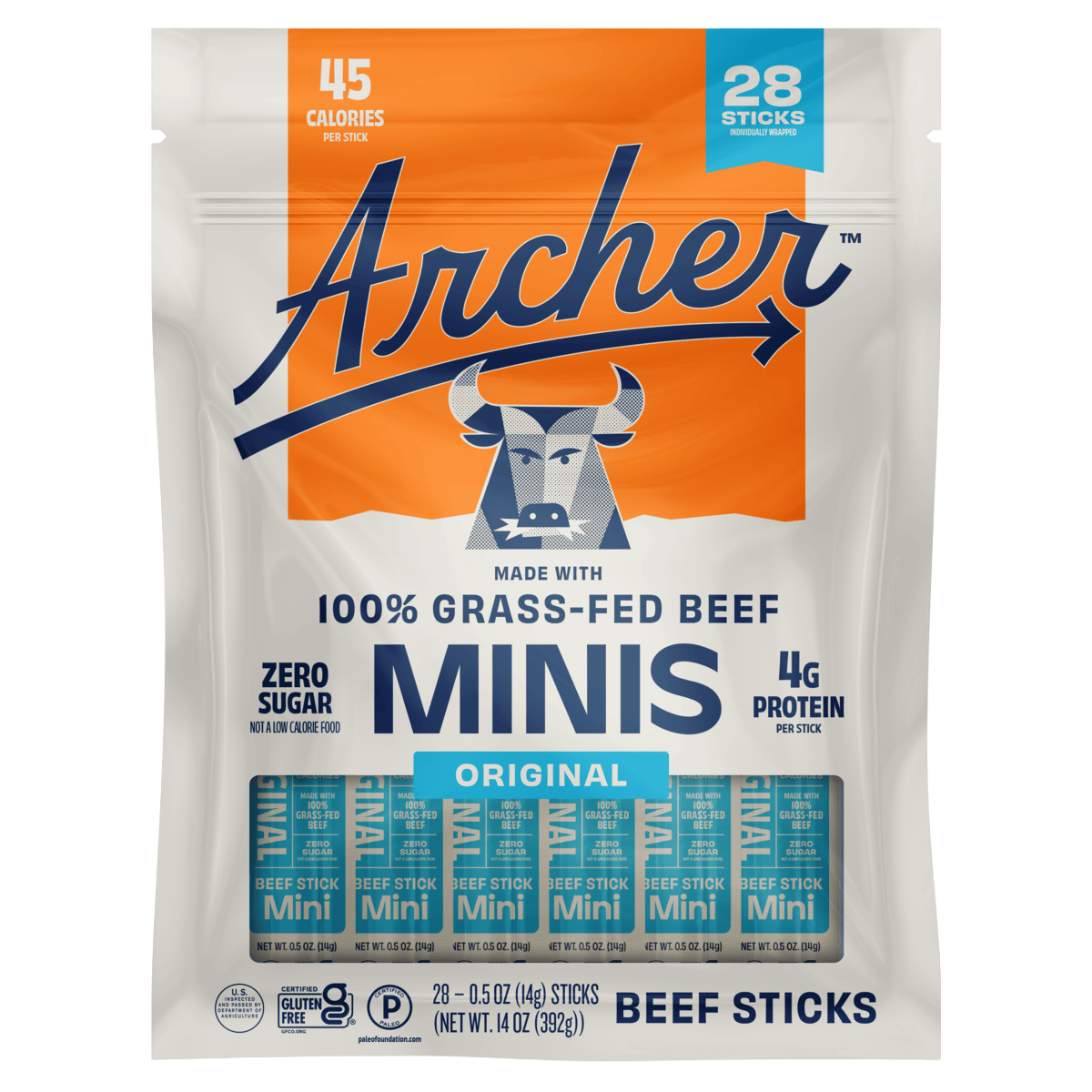 Archer Grass-Fed Beef Stick Minis, Original, 0.5 oz, 28 ct