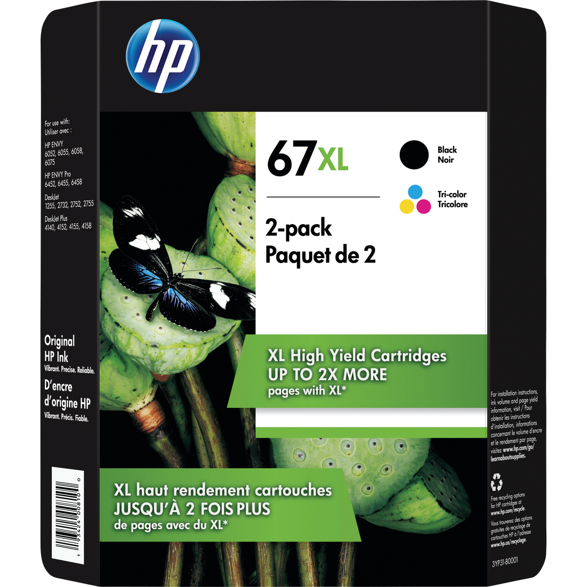 HP 67XL Ink Cartridge, High Capacity, Black/Tri-Color, 2 pk