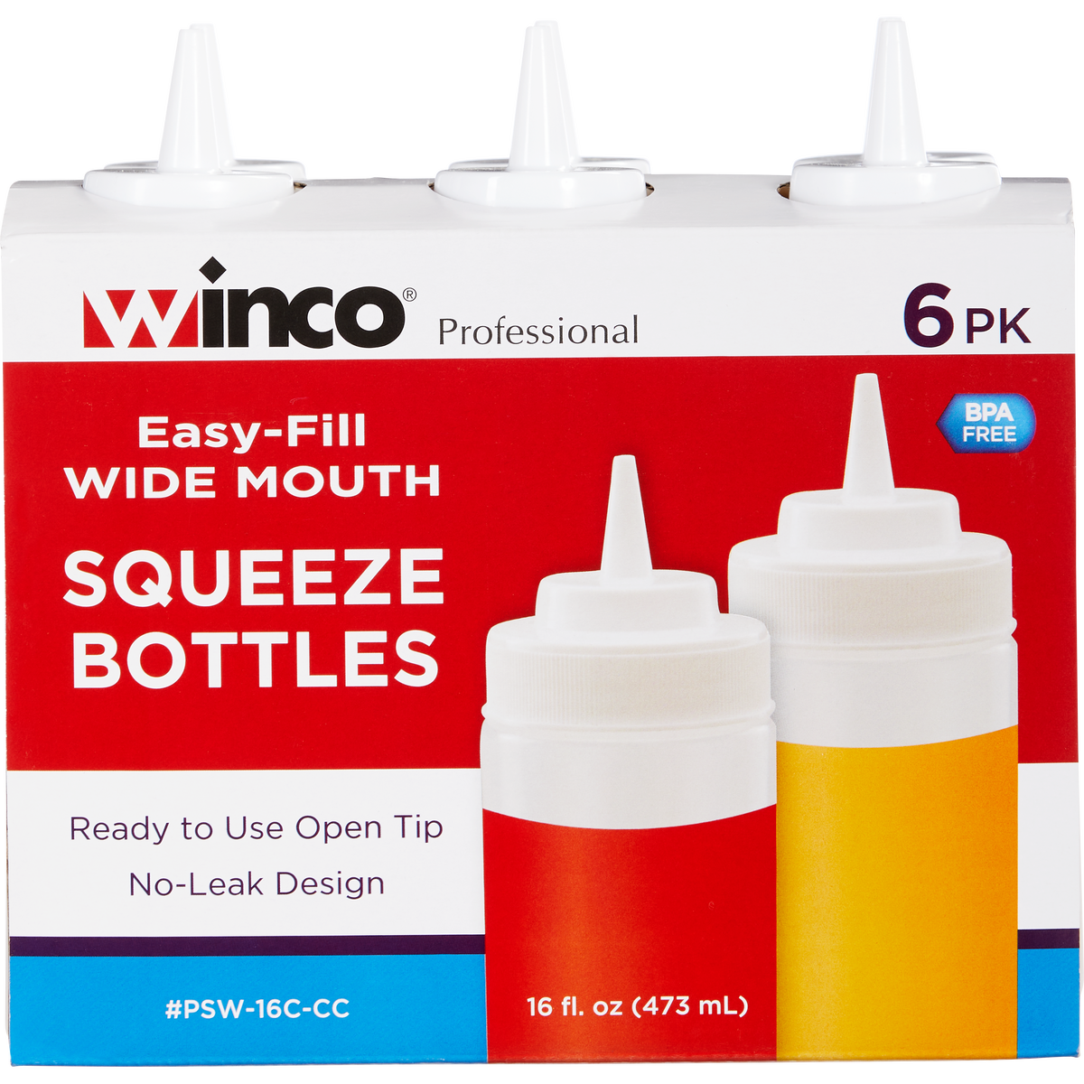Winco Squeeze Bottles, Wide Mouth, Clear, 6 ct