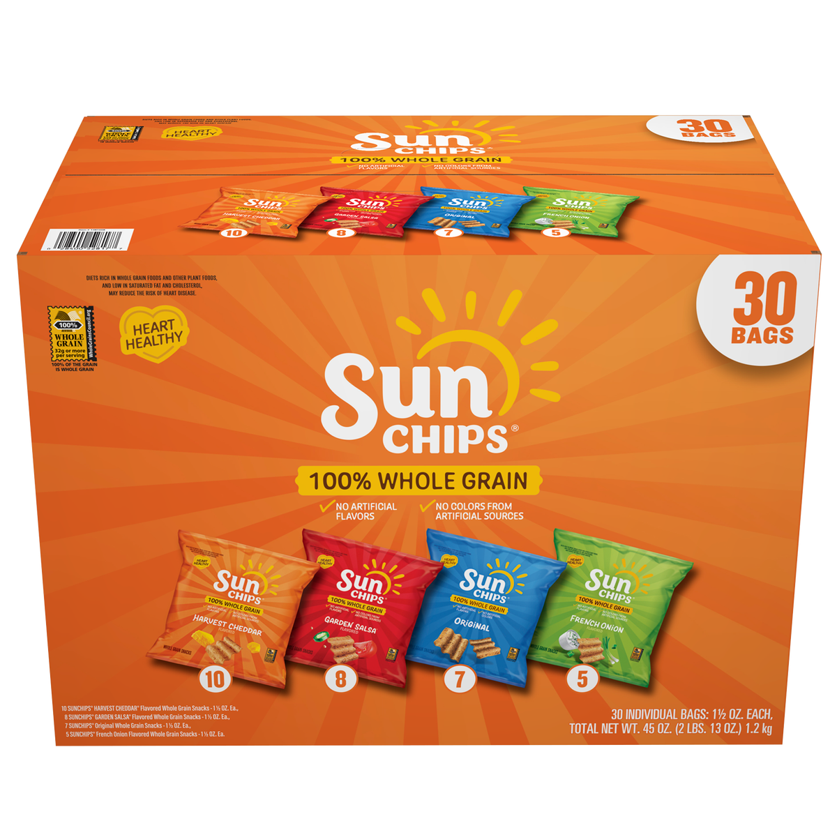 SunChips Whole Grain Snacks, Variety Pack, 1.5 oz, 30 ct