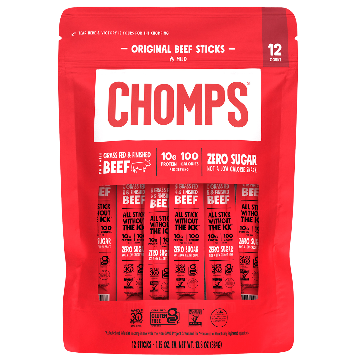 Chomps Original Beef Sticks, Mild, 1.15 oz, 12 ct