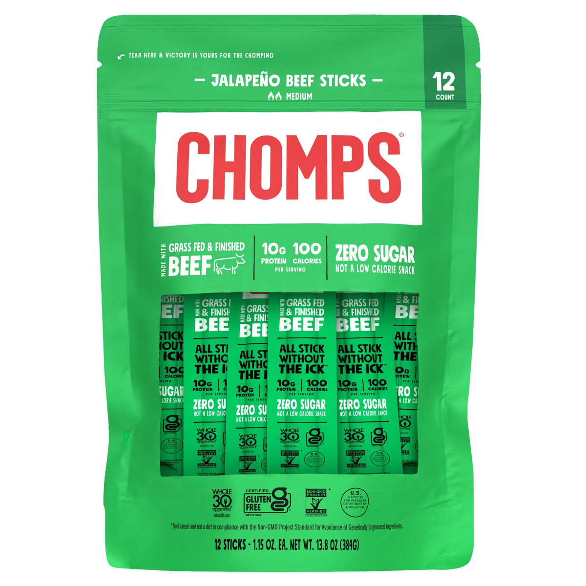 Chomps Beef Sticks, Jalapeno, 1.15 oz, 12 ct