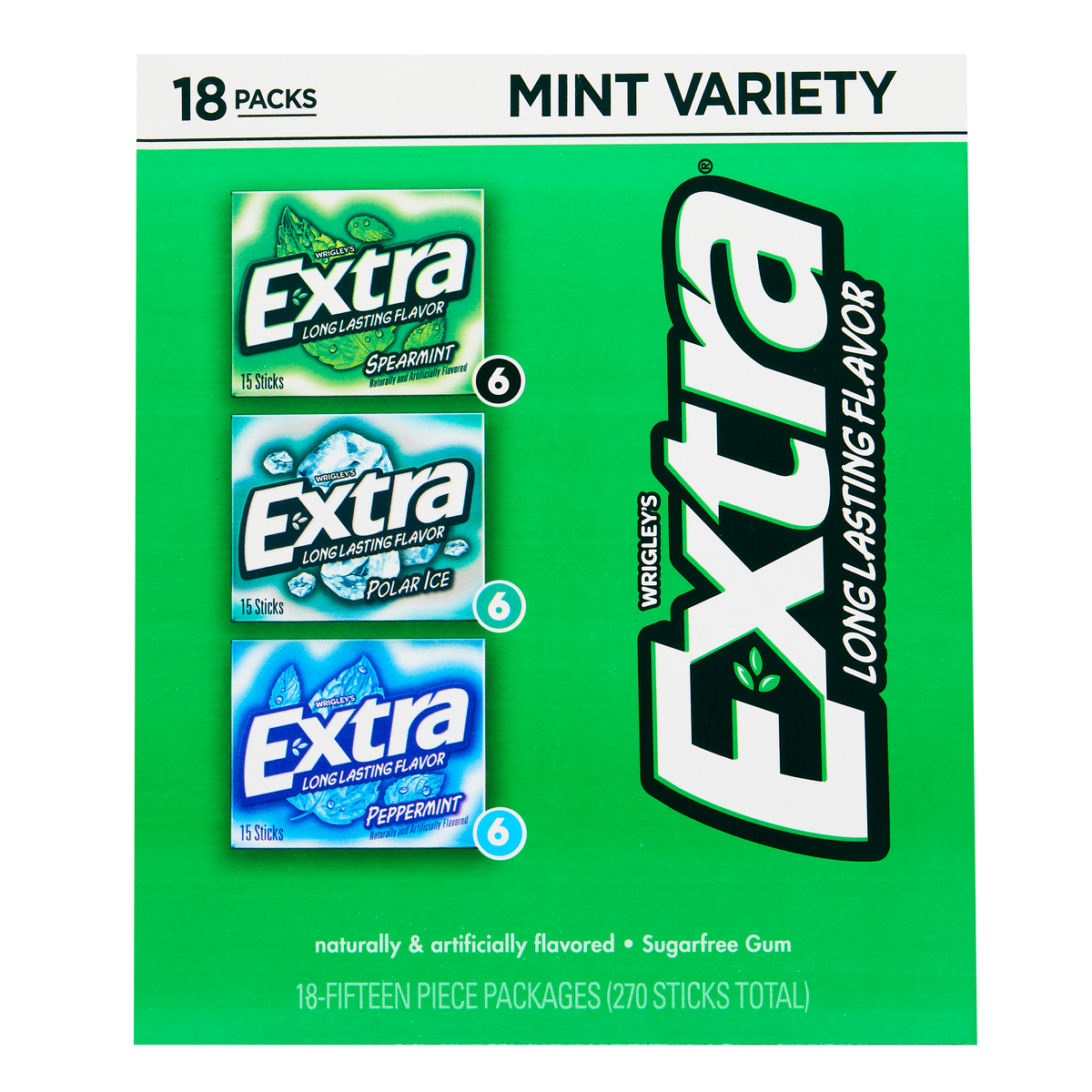 Extra Sugar Free Chewing Gum, Mint Variety Pack, 15 Sticks, 18 ct