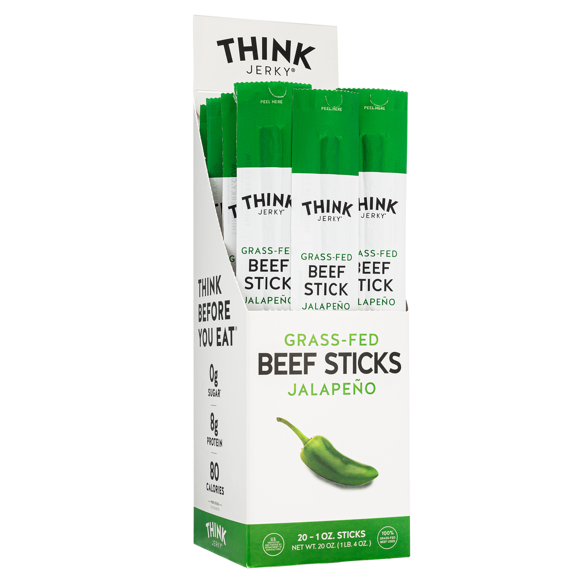 Think Jerky Grass-Fed Beef Sticks, Jalapeno, 1 oz, 20 ct