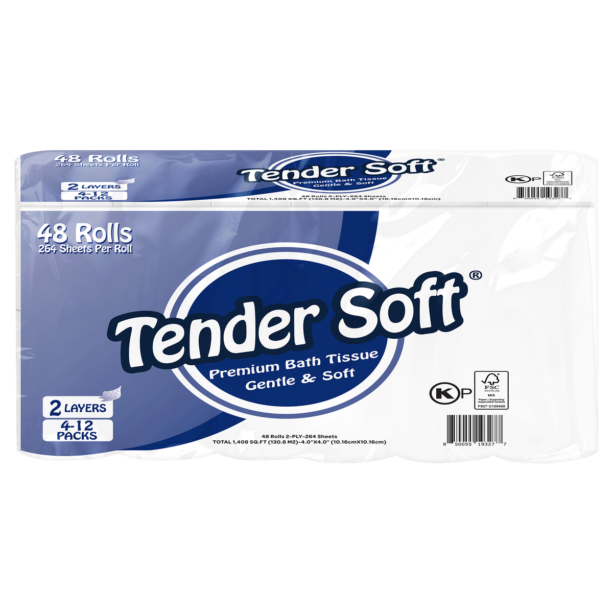 Tender Soft Premium Bath Tissue, 2-ply, 4" x 4", 264 Sheets, 48 ct