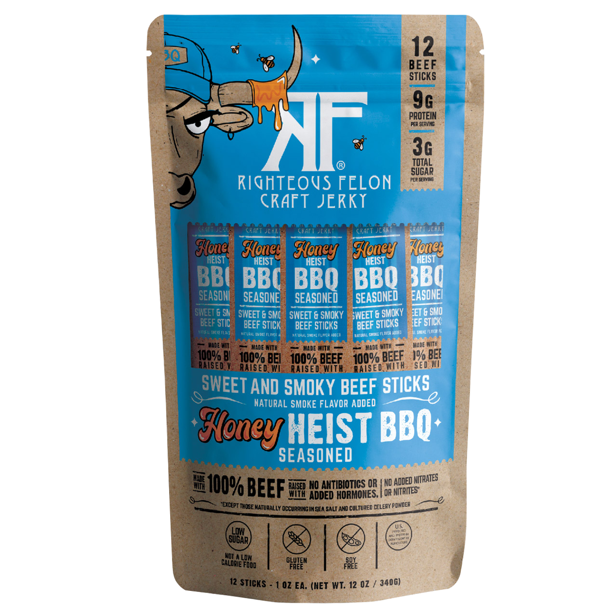Righteous Felon Craft Jerky Sweet and Smoky Beef Sticks, Honey Heist BBQ, 12 ct, 1 oz