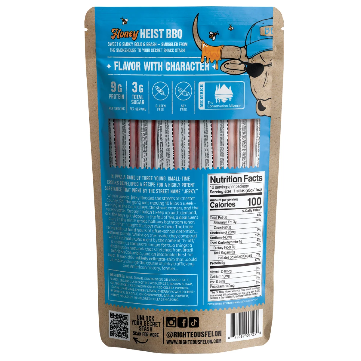 Righteous Felon Craft Jerky Sweet and Smoky Beef Sticks, Honey Heist BBQ, 12 ct, 1 oz - Image 2