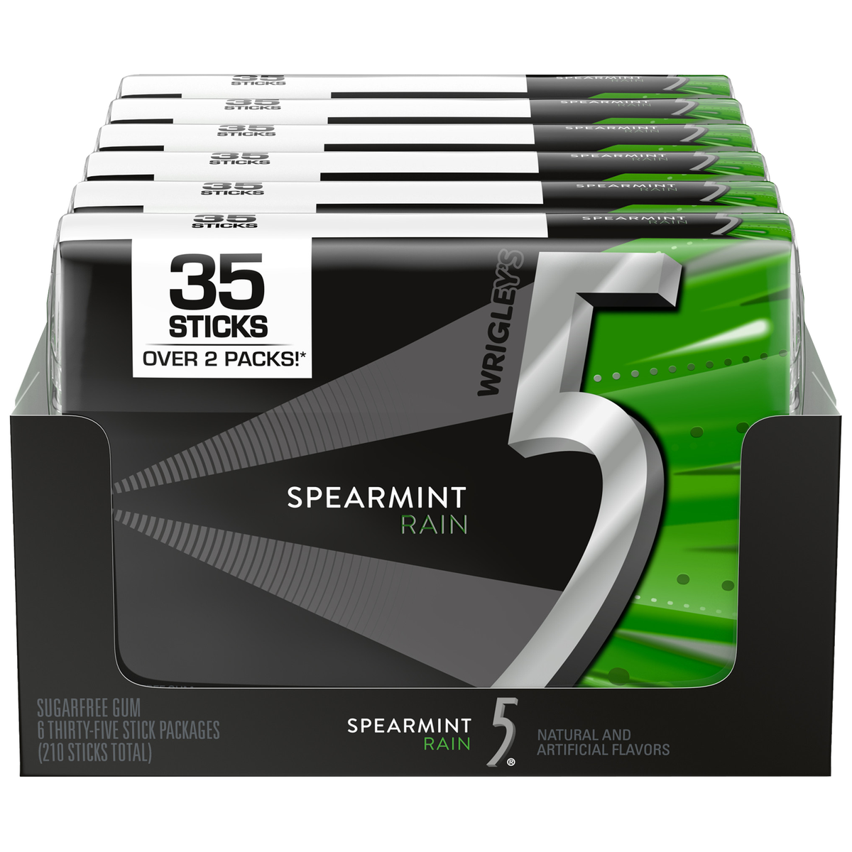 5 Gum Sugar Free Chewing Gum, Spearmint Rain, Mega Pack, 35 sticks, 6 ct