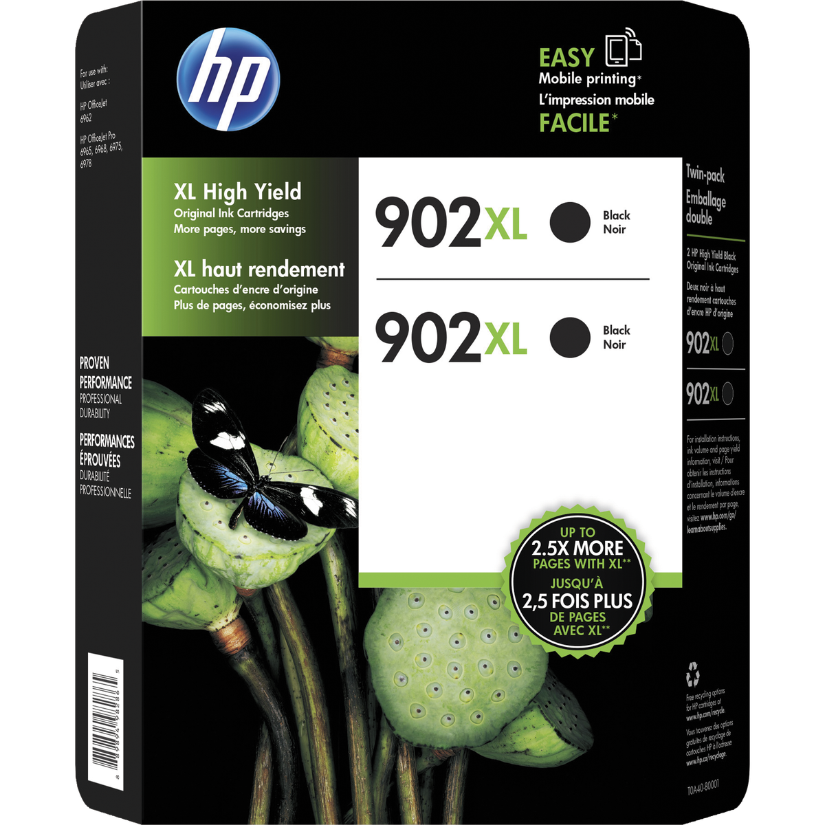 HP 902XL Ink Cartridge, High Yield, Black, 2 pk