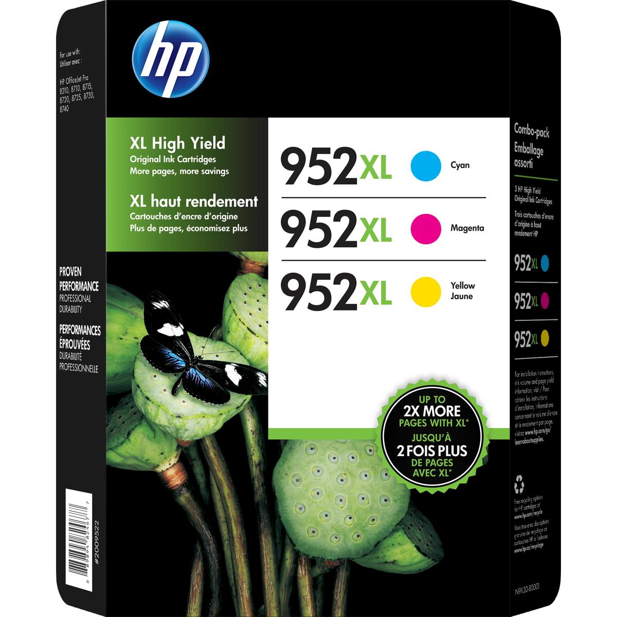 HP 952XL Ink Cartridge, High Yield, Cyan/Magenta/Yellow, 3 pk