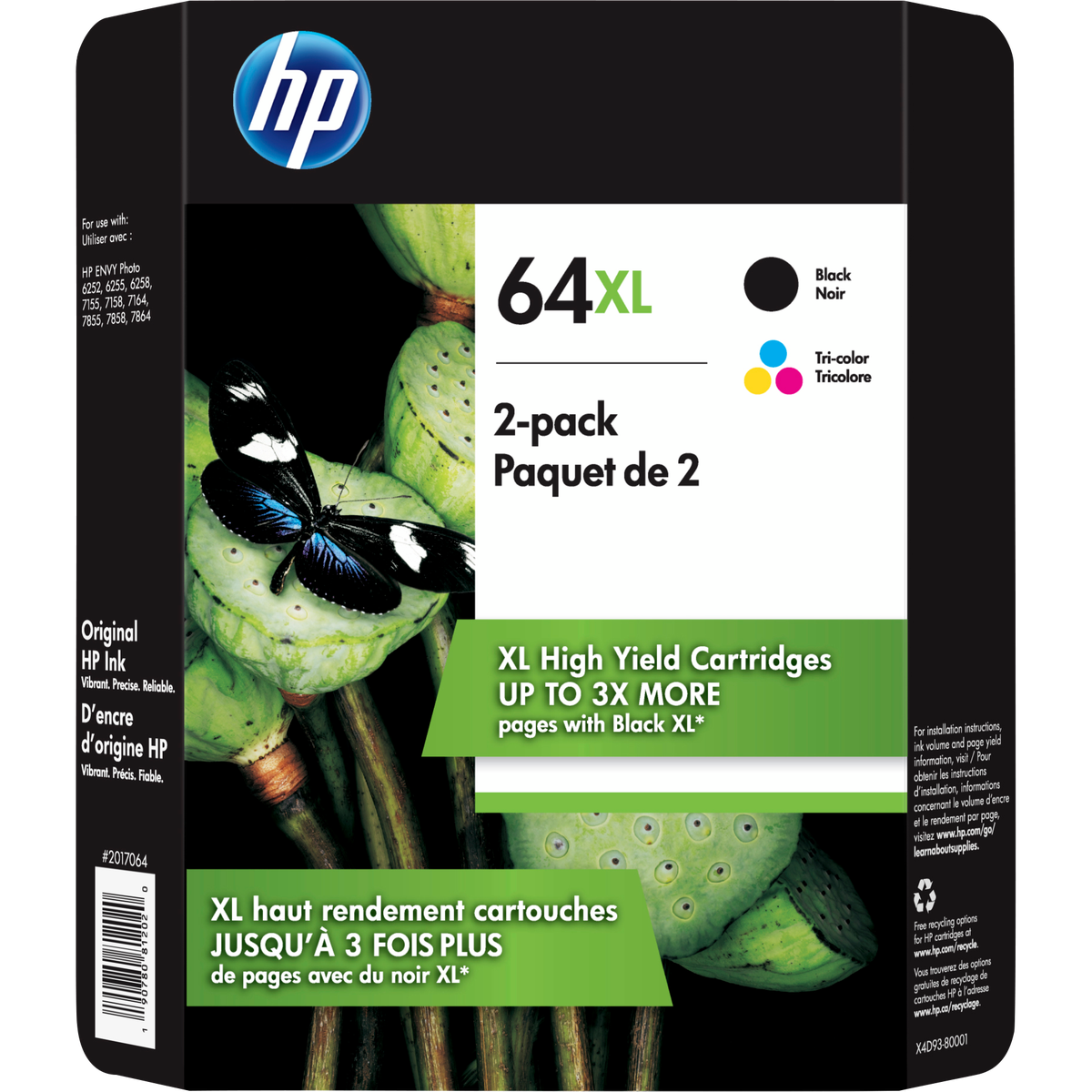 HP 64XL Ink Cartridge, High Yield, Black/Tri-Color, 2 pk