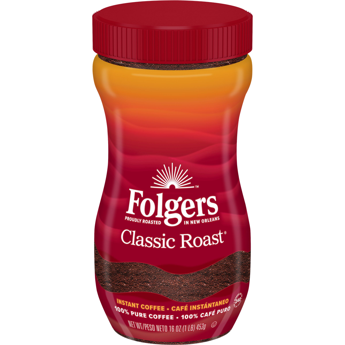 Folgers Instant Coffee Crystals, Classic, Medium Roast, 16 oz