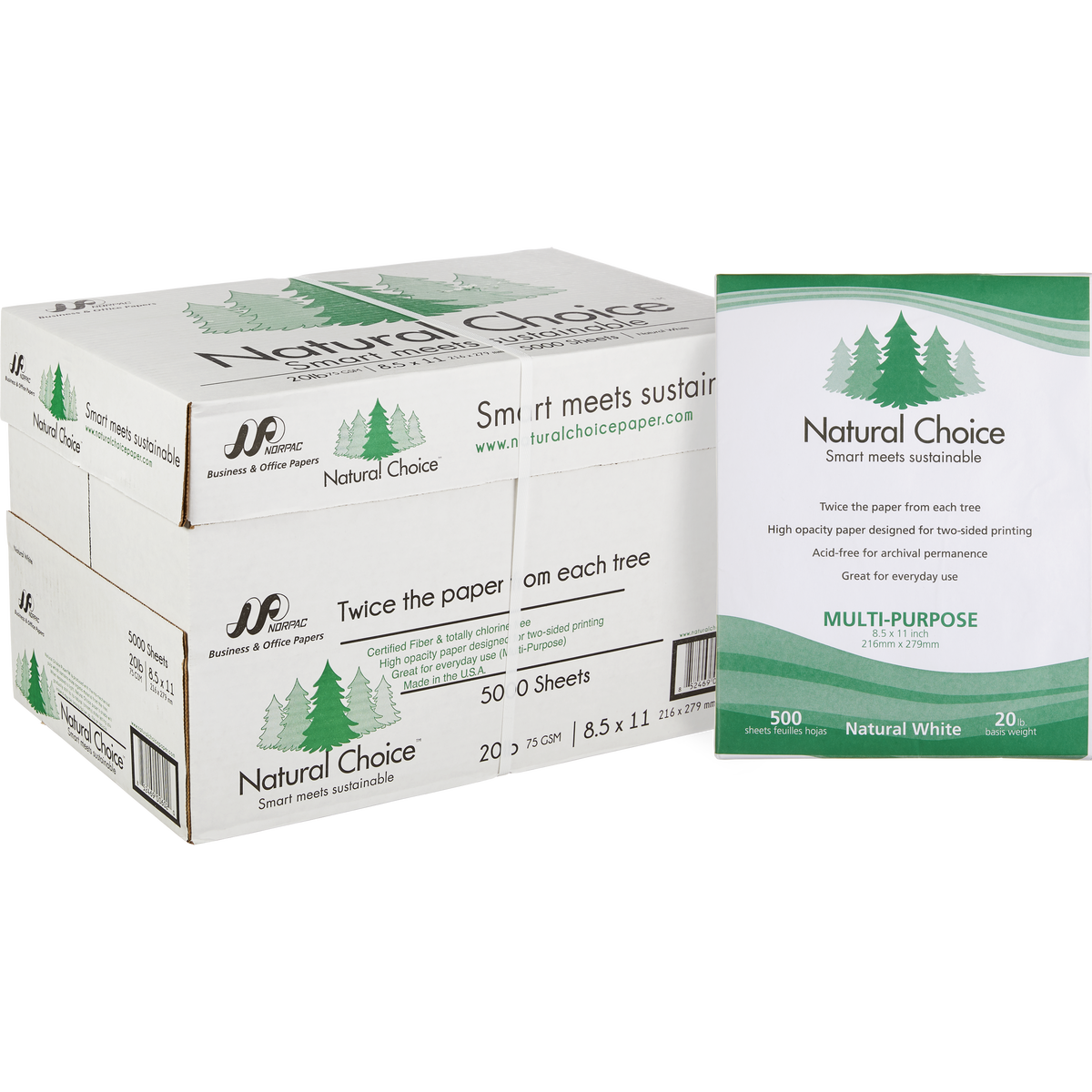 Natural Choice Multi-Purpose Copy Paper, 20 lb, Letter, White, 5000 Sheets