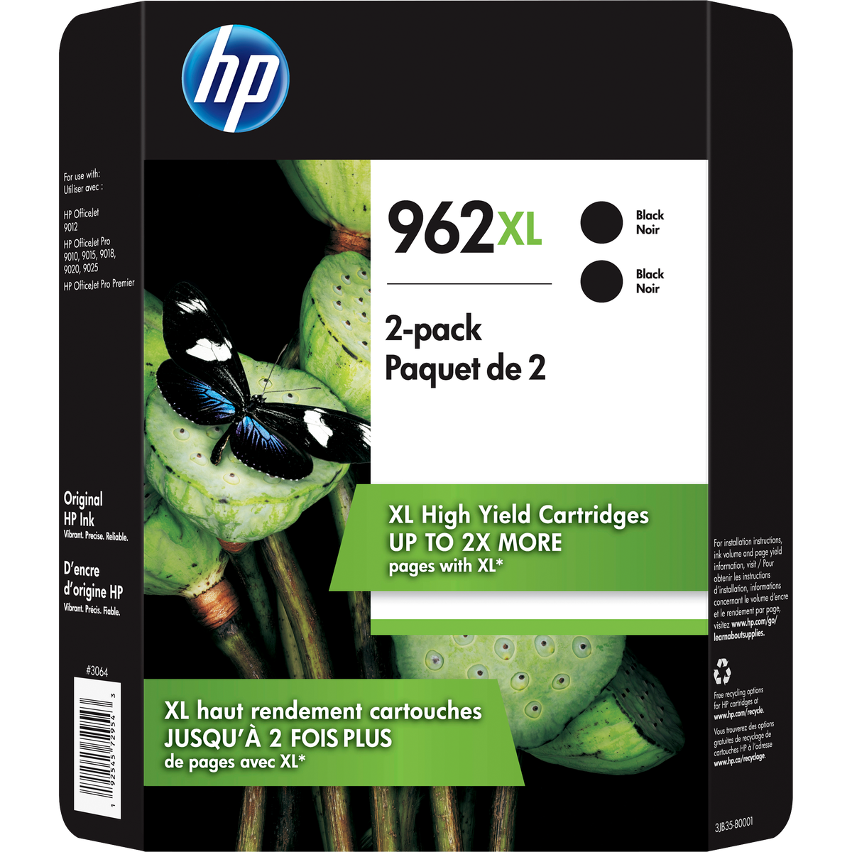 HP 962XL Ink Cartridge, High Yield, Black, 2 pk