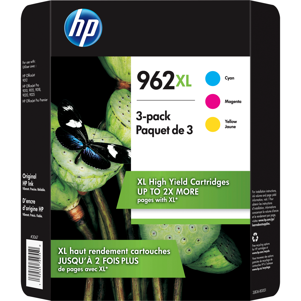 HP 962XL Ink Cartridge, High Yield, Cyan/Magenta/Yellow, 3 pk