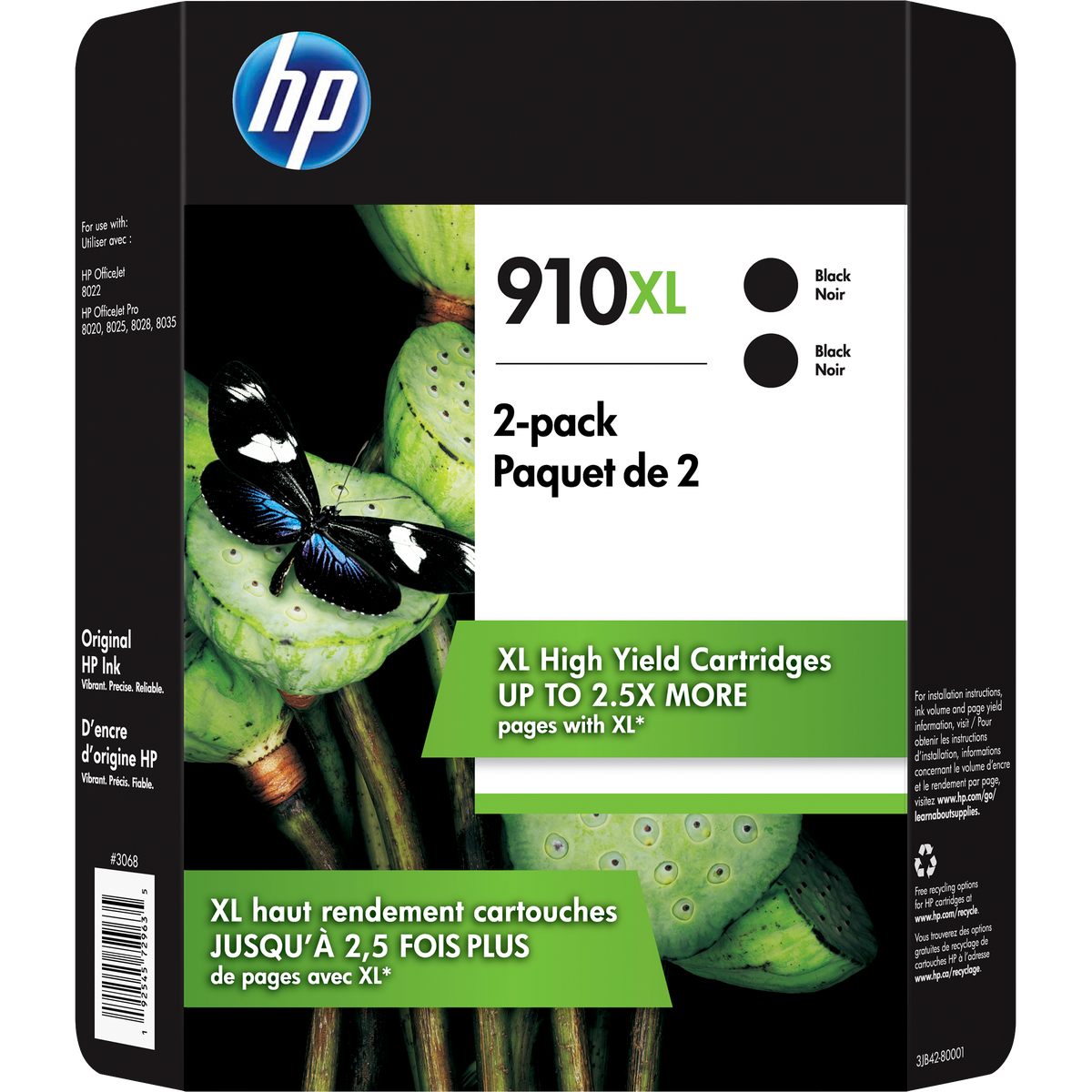 HP 910XL Ink Cartridge, High Yield, Black, 2 pk
