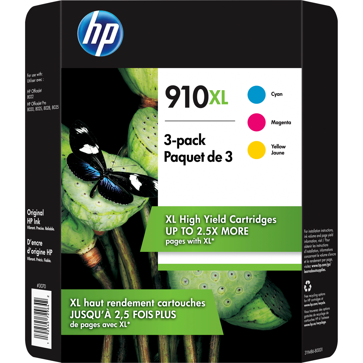 HP 910XL Ink Cartridge, High Yield, Cyan/Magenta/Yellow, 3 pk