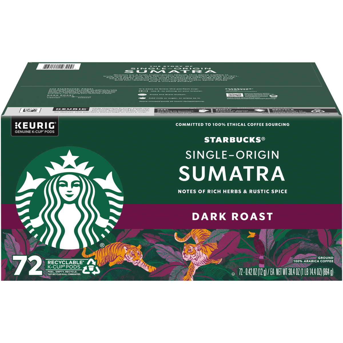 Starbucks Sumatra Single-Origin Coffee, Dark Roast, Keurig K-Cup Pods, 72 ct