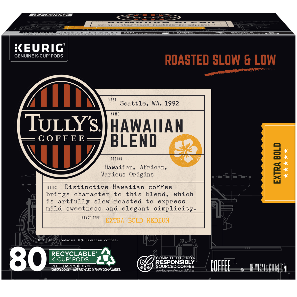 Tully's Hawaiian Blend Coffee, Extra Bold Medium Roast, Keurig K-Cup Pods, 80 ct