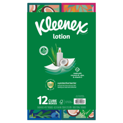 Kleenex Soothing Lotion Facial Tissue, 3-Ply, Upright Box, 85 Tissues, 12 ct