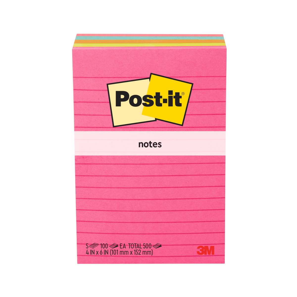 Post-it Notes, 4" x 6", Assorted Bright Colors, Lined, 100 Sheets, 5 Pads