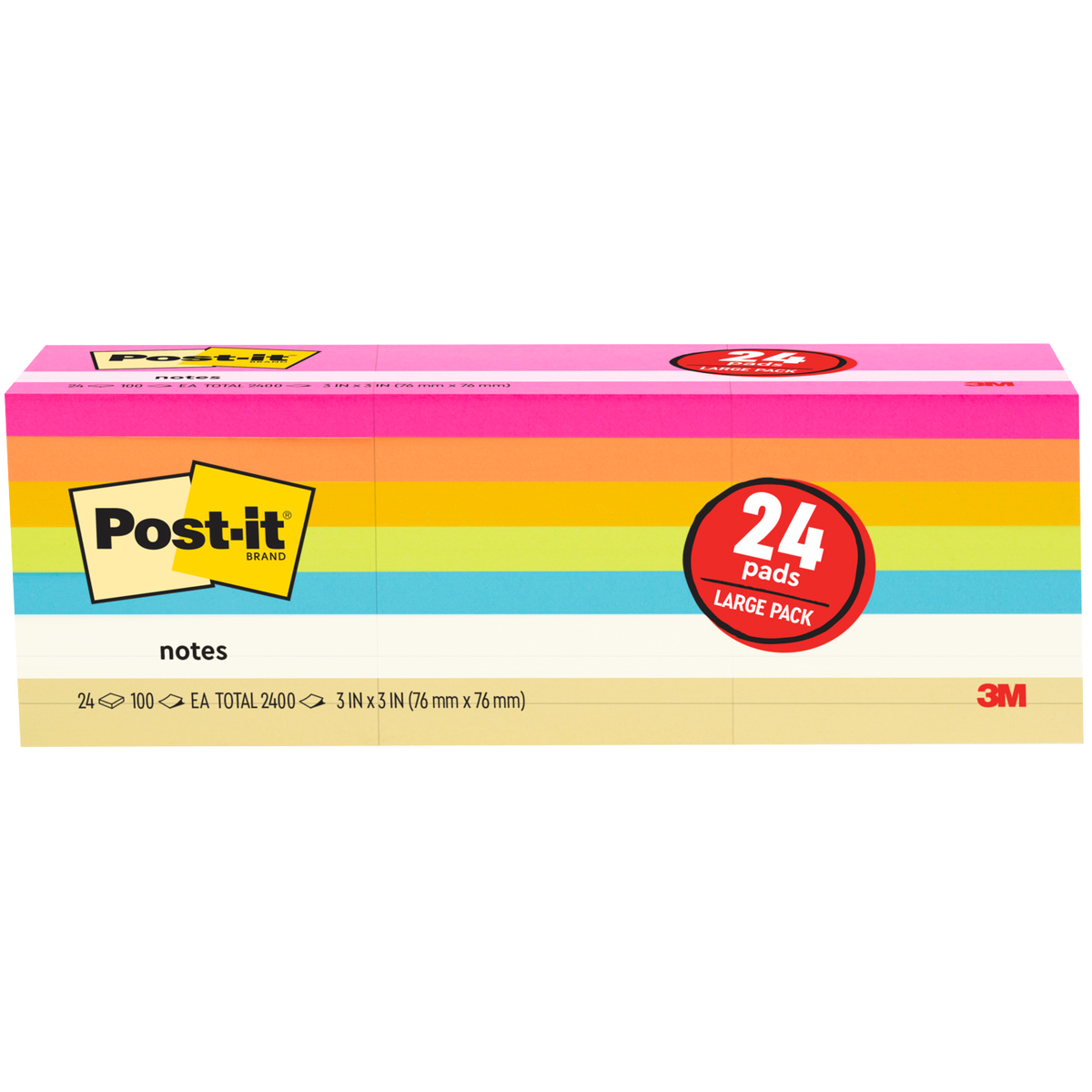Post-it Notes, 3"x 3", Assorted Bright Colors, 100 Sheets, 24 Pads