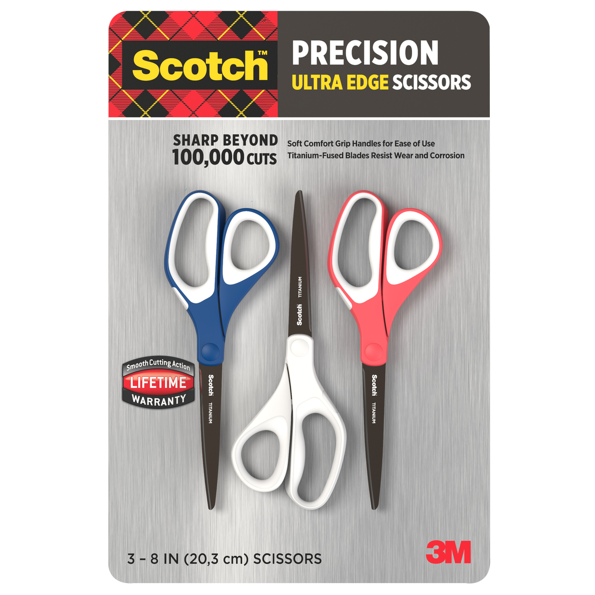 Scotch 8" Precision Ultra Edge Scissors, Assorted Colors, 3 ct