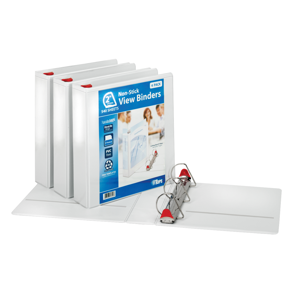TOPS Non-Stick Locking View Binder, 2", D-Ring, White, 4 ct