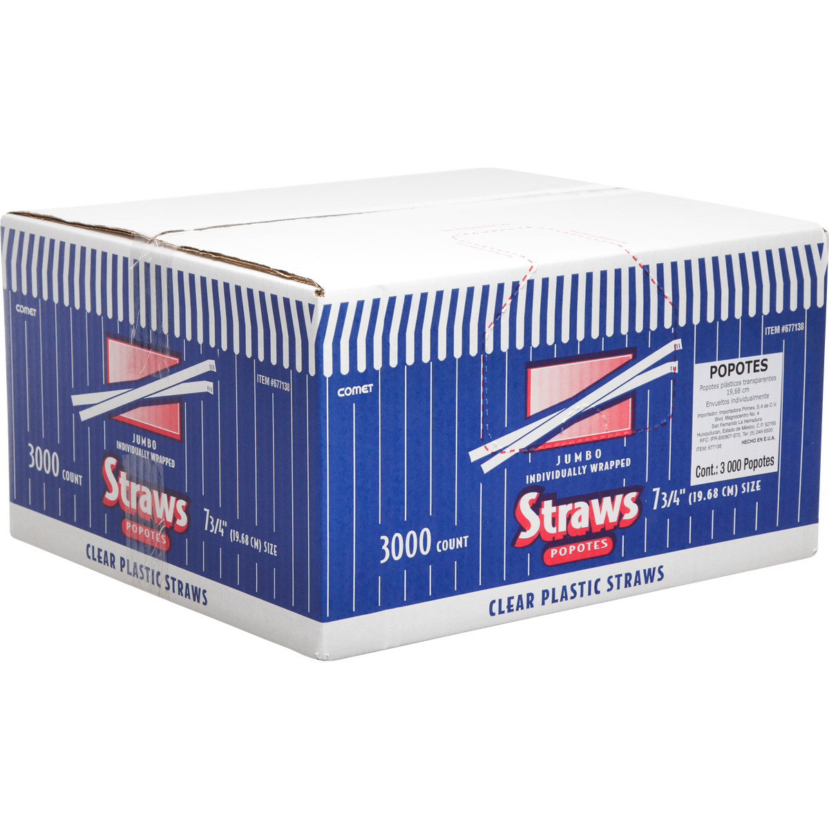 Comet 7-3/4" Wrapped Plastic Straws, Clear, 3000 ct