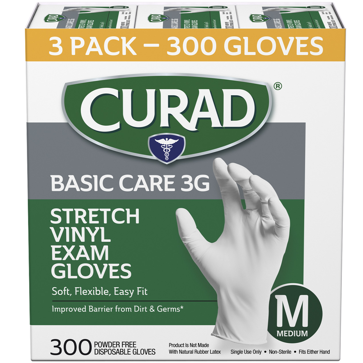 Curad Basic Care 3G Vinyl Exam Gloves, Medium, 300 ct