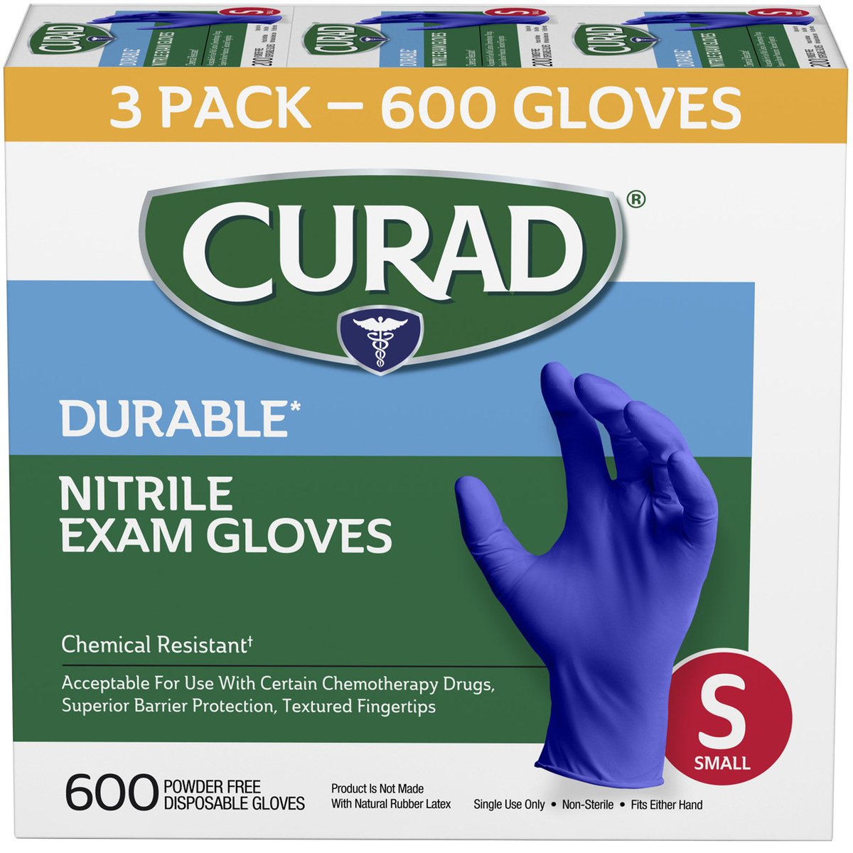 Curad Durable Nitrile Exam Gloves, Small, 600 ct