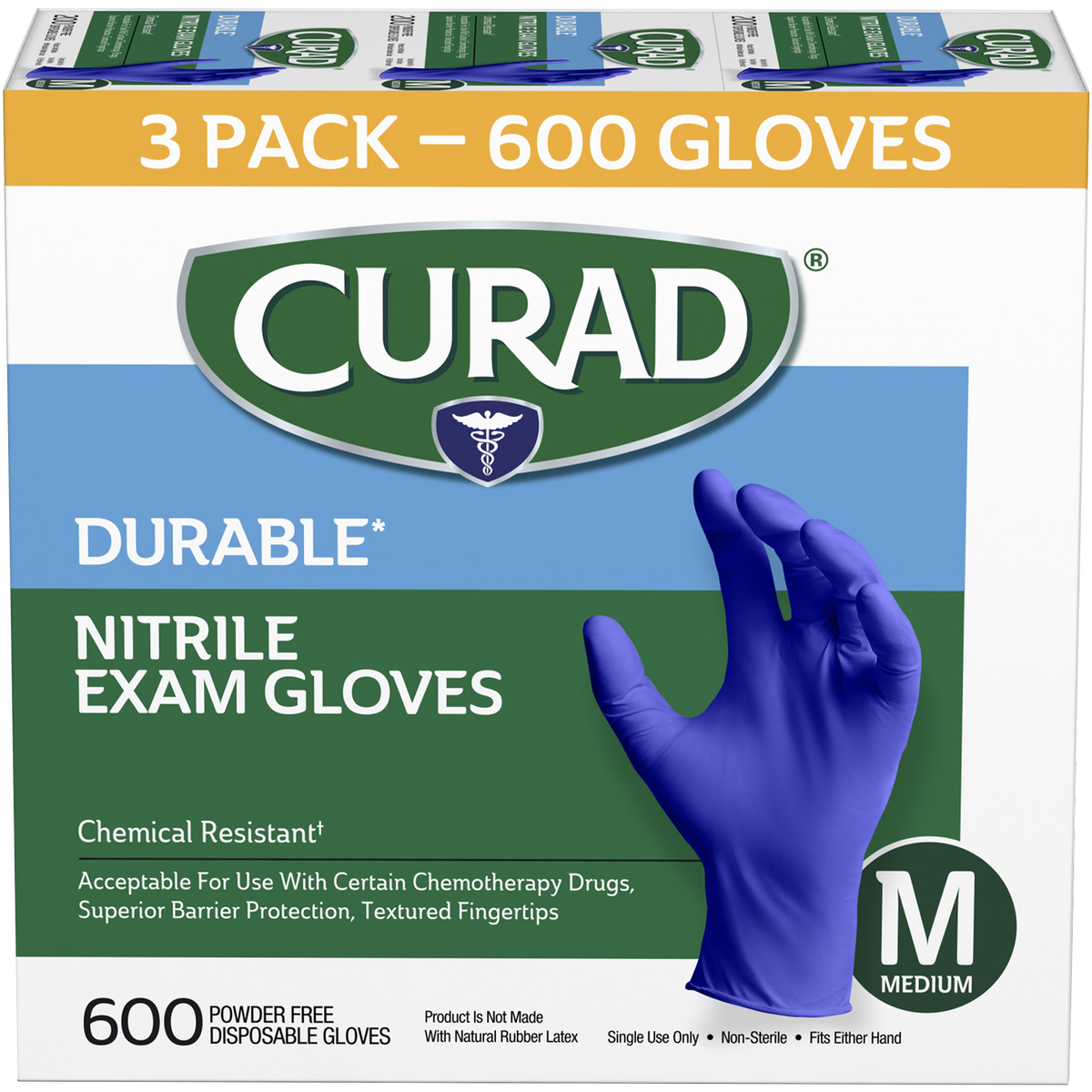Curad Durable Nitrile Exam Gloves, Medium, 600 ct