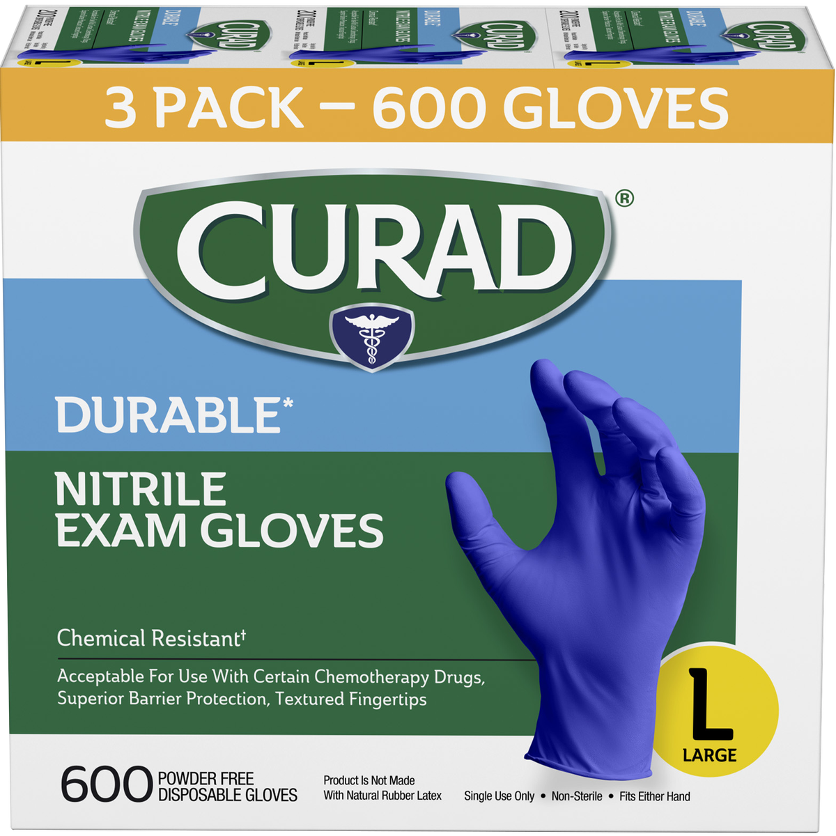 Curad Durable Nitrile Exam Gloves, Large, 600 ct