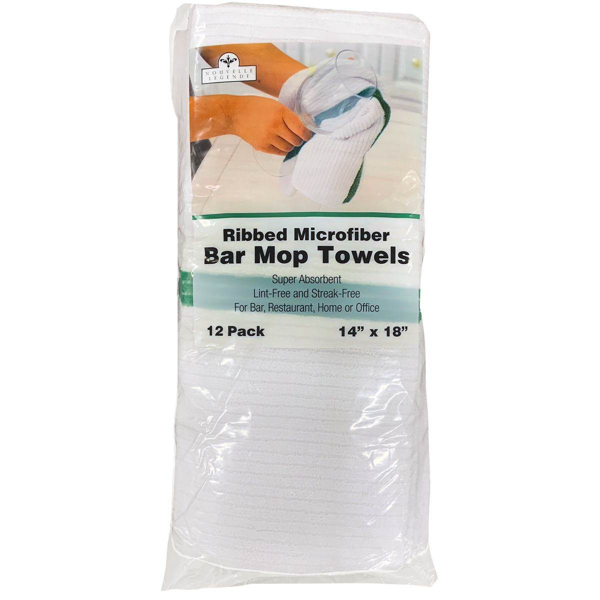 Nouvelle Legende Ribbed Microfiber Green Stripe Bar Mop Towel, 14"W x 18"L, 12 ct
