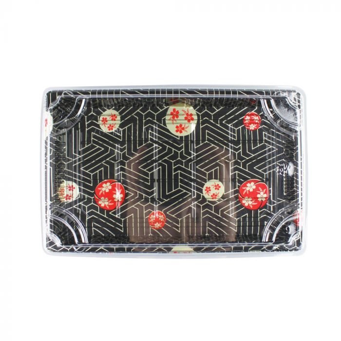 Size 07 Sakura Pattern Sushi Tray w/Clear Lid Combo (8.5" x 5.5" x 1.75") - 1 case (400 set)