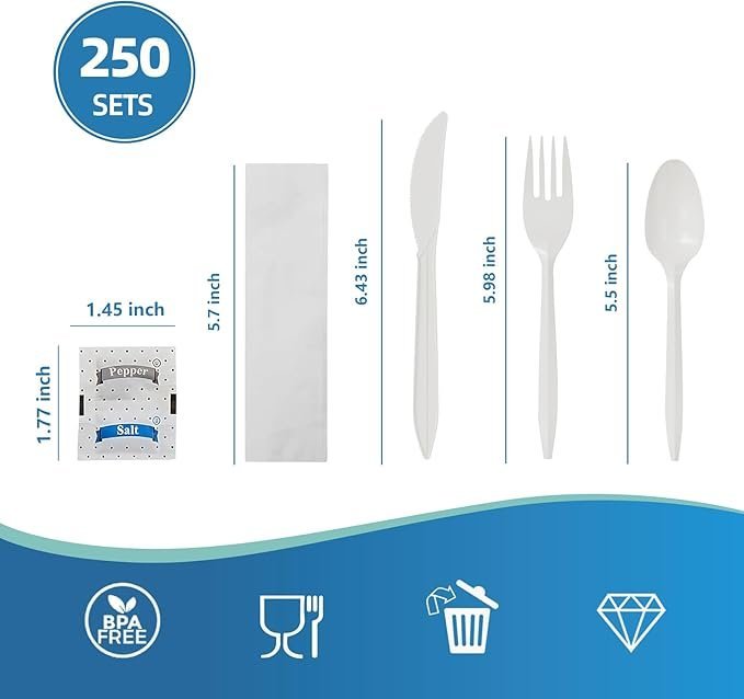 6 PC Wrapped Cutlery Kit, Knife/White Napkin/Salt/Pepper - 250/Case Heavyweight