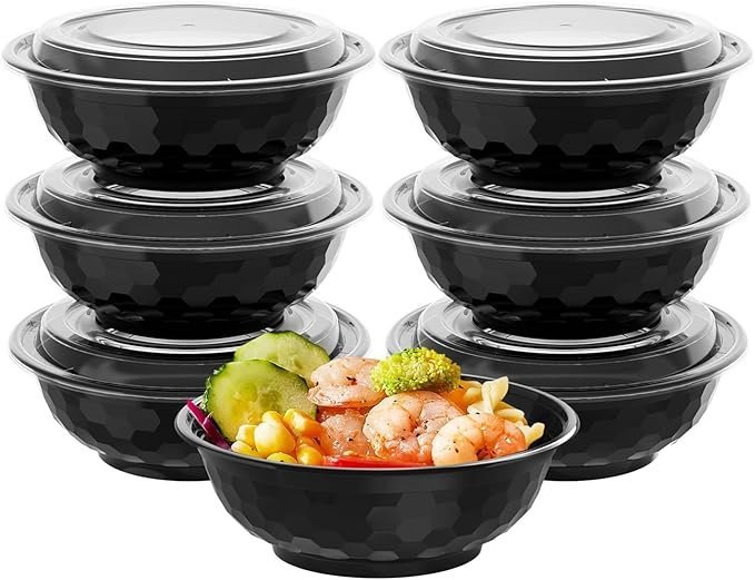 150 Sets 42 OZ Disposable Plastic Bowls with Lids for Soup and Salad, Reusable Round To Go Food Storage Container,