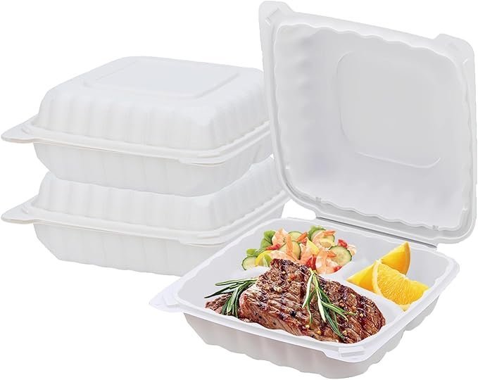 120 Pack 8"x8" Hinged To Go Food Containers, 3-Compartment Clamshell Take Out Food Containers with Lids, Disposable Plastic