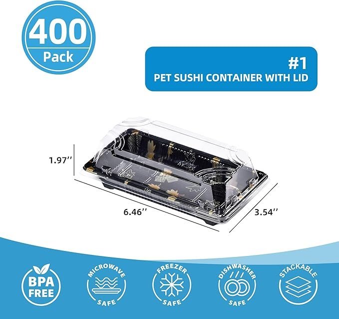 400 Set #1 Disposable Square Japanese-Style Sushi Boxes with Transparent Lids - Commercial Sushi Trays for Picnics & Restaurants -6.5"×3.5"×2