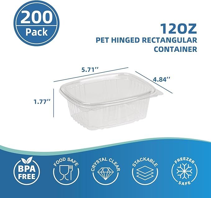 200 Count12 oz Clear PET Plastic Hinged-Lid Deli Container