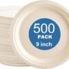 500-Count 9 Inch Compostable Paper Plates, Heavy-Duty Bagasse Disposable Plates, White Sugarcane Plates, PFAS-Free, Ideal for Salads, Sandwiches, Light Entrees & Family Parties