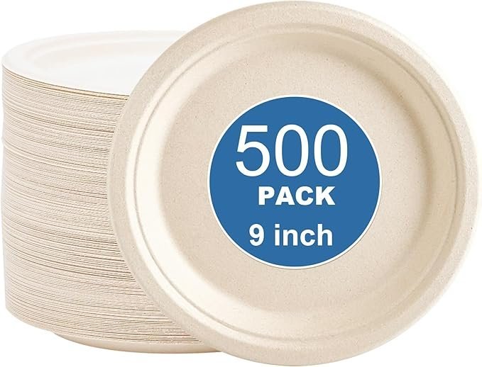 500-Count 9 Inch Compostable Paper Plates, Heavy-Duty Bagasse Disposable Plates, White Sugarcane Plates, PFAS-Free, Ideal for Salads, Sandwiches, Light Entrees & Family Parties