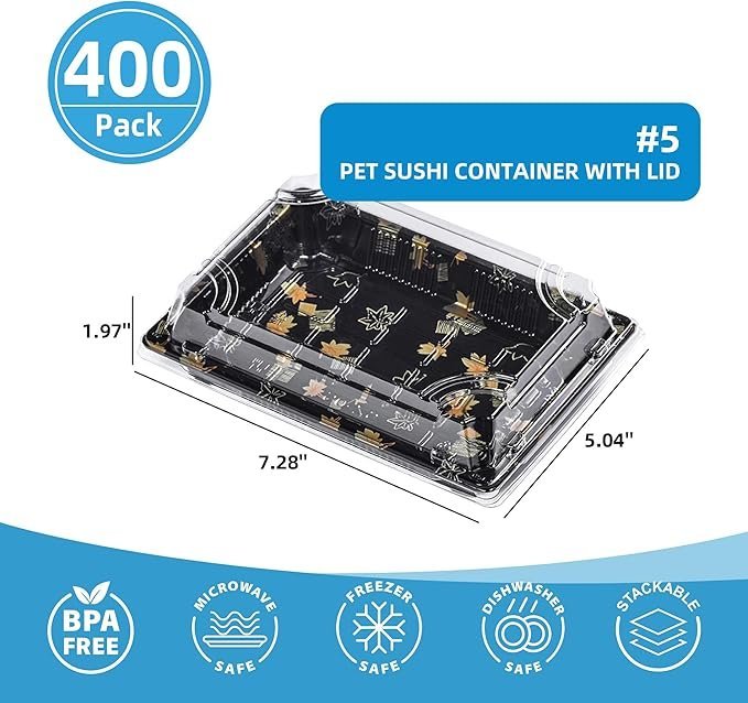 400 Set 7.3"×5"×2" Disposable Black Square Japanese-Style Sushi Trays with Lids - Commercial Sushi Packaging Boxes, Takeout/Carry-Out Boxes