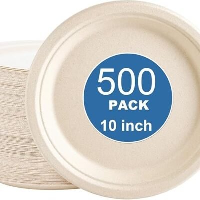 500-Count 10 Inch Compostable Paper Plates, Heavy-Duty Bagasse Disposable Plates, White Sugarcane Plates, PFAS-Free, Ideal for Main Dishes, BBQs, Dinners & Medium-Sized Gatherings