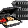150 Pack Hinged To Go Food Containers, 9"x9" 3-Compartment Clamshell Take Out Food Containers with Lids, Disposable Plastic