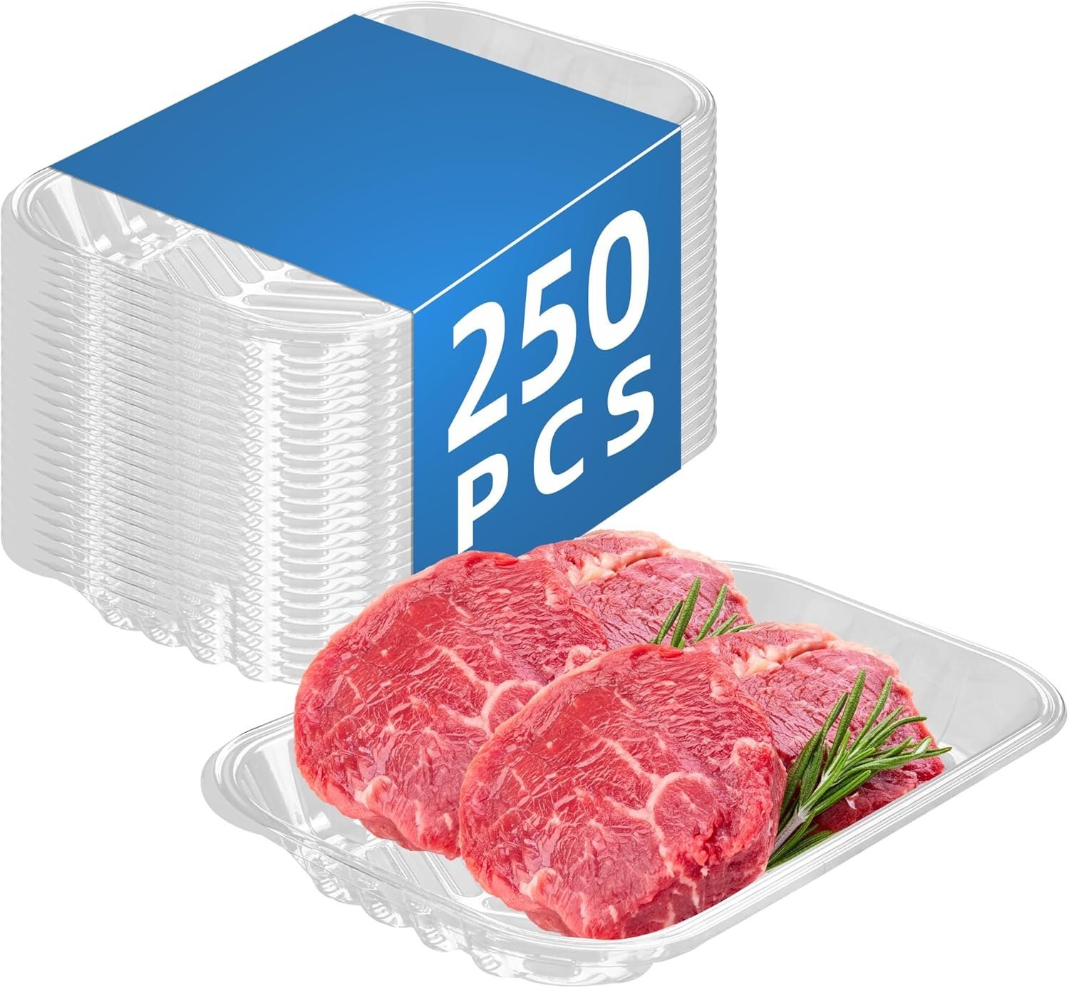 Clear PET Plastic Meat Tray 10 9/10" X 6" X 1 1/10", 250PCS, Perfect for Meat, Seafood & Fruit Display