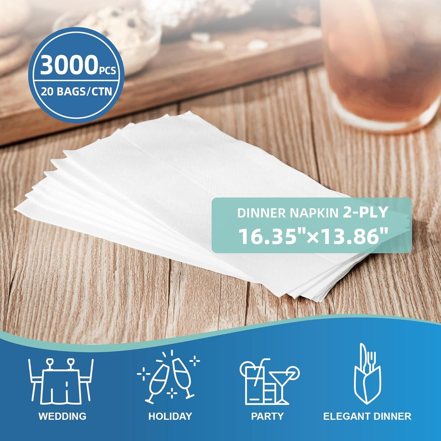 3000-Count White Disposable Dinner Napkins - 16.35” x 13.86” | 2-Ply Paper Towels Perfect for Kitchens, Restaurant