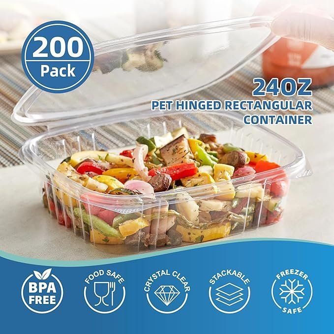 200-Set 24 oz Clear PET Plastic Hinged-Lid Deli Container